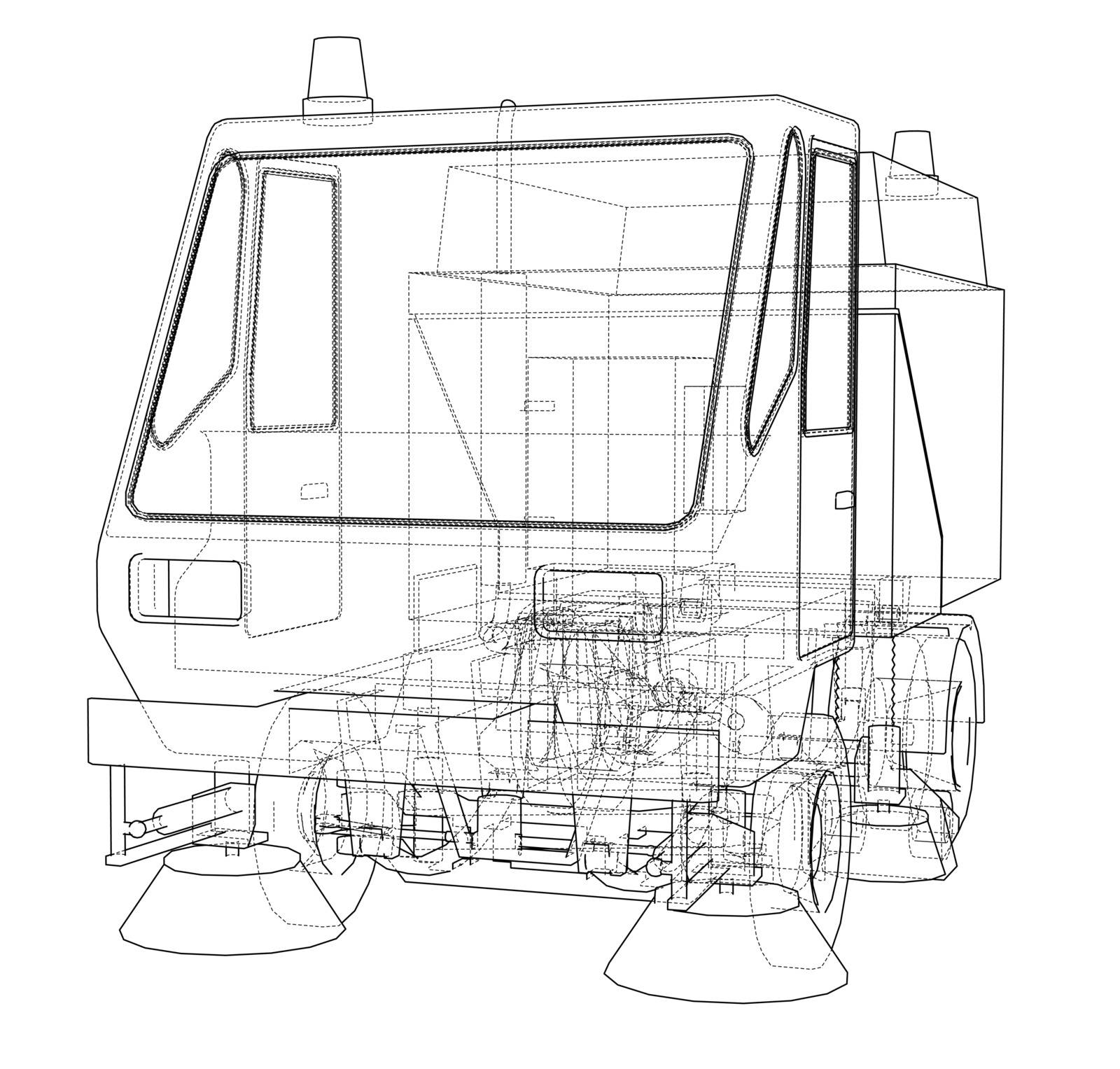 Small Street Clean Truck Concept. Vector rendering of 3d. Wire-frame style. The layers of visible and invisible lines are separated