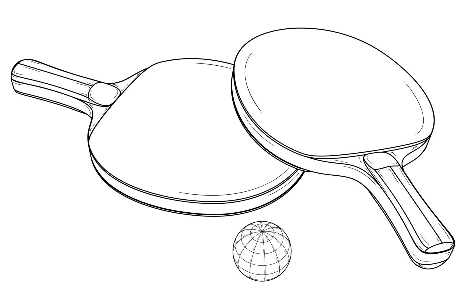 Two table tennis or ping pong rackets and ball. Sports equipment. Black outline illustration on white background. Sketch.