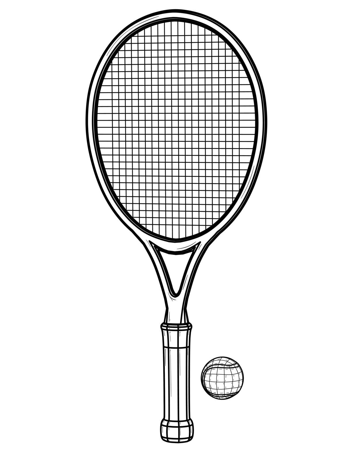 One tennis racket and ball. Sports equipment. Black outline illustration on white background. Sketch.