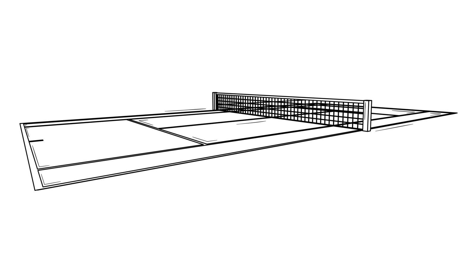 Empty tennis court ready to match. Black outline illustration on white background. Sketch.