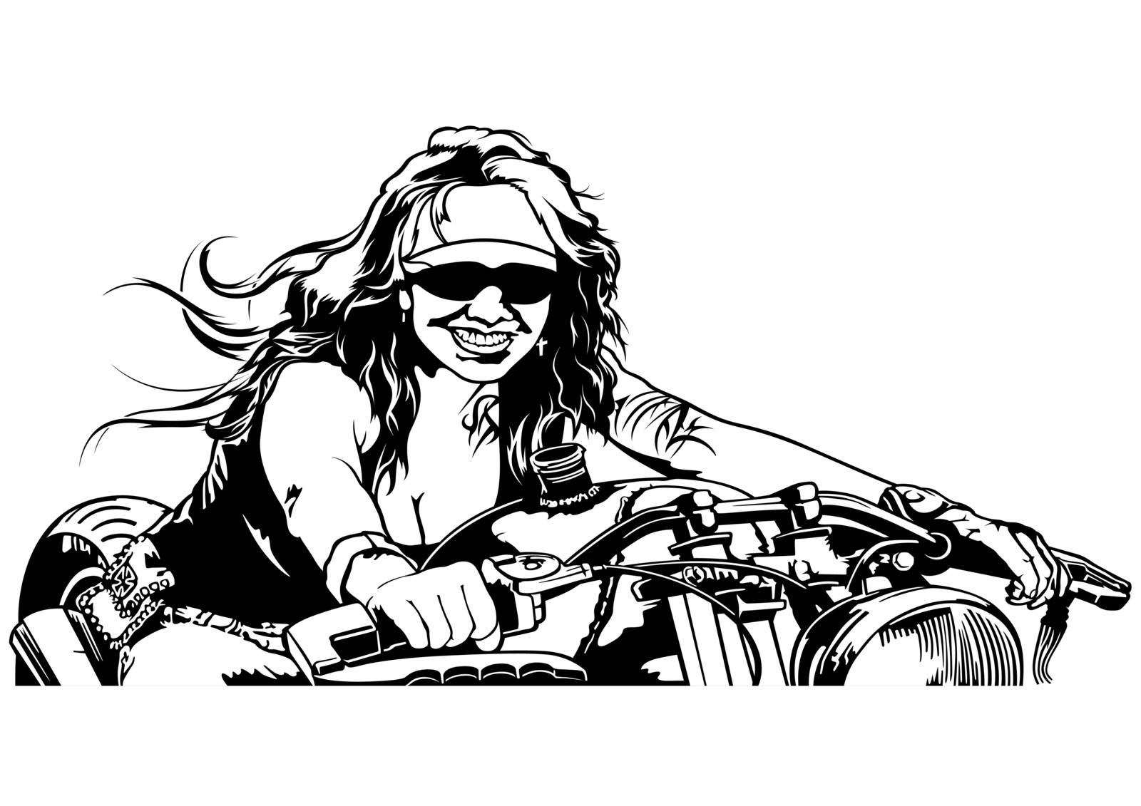 Woman Motorcyclist - Black and White Outline Illustration with Female Rider on Harley Motorcycle, Vector