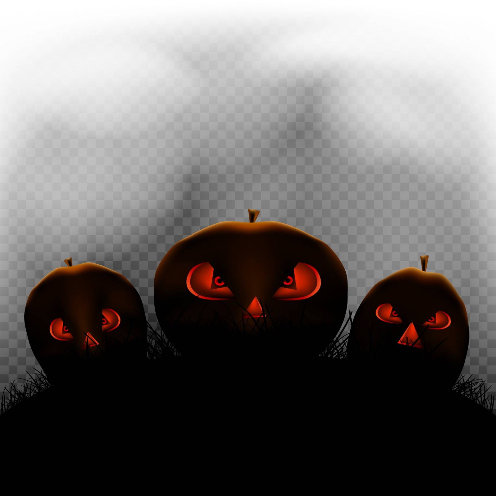 Halloween scary pumpkins set in transparent dark and moonlight fog. Cartoon pumpkin plant silhouette with teeth eye and nose burns inside