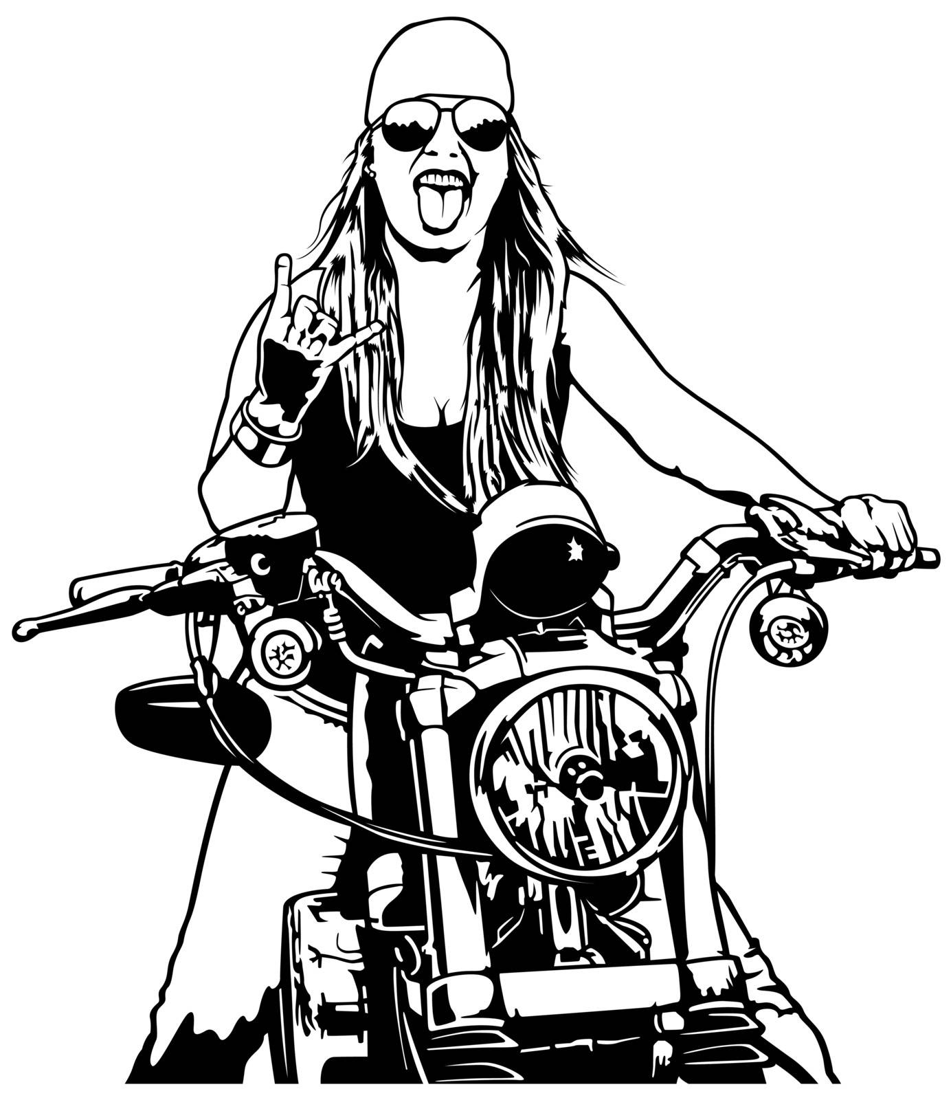 Woman Motorcyclist - Black and White Outline Illustration with Female Rider on Motorcycle, Vector