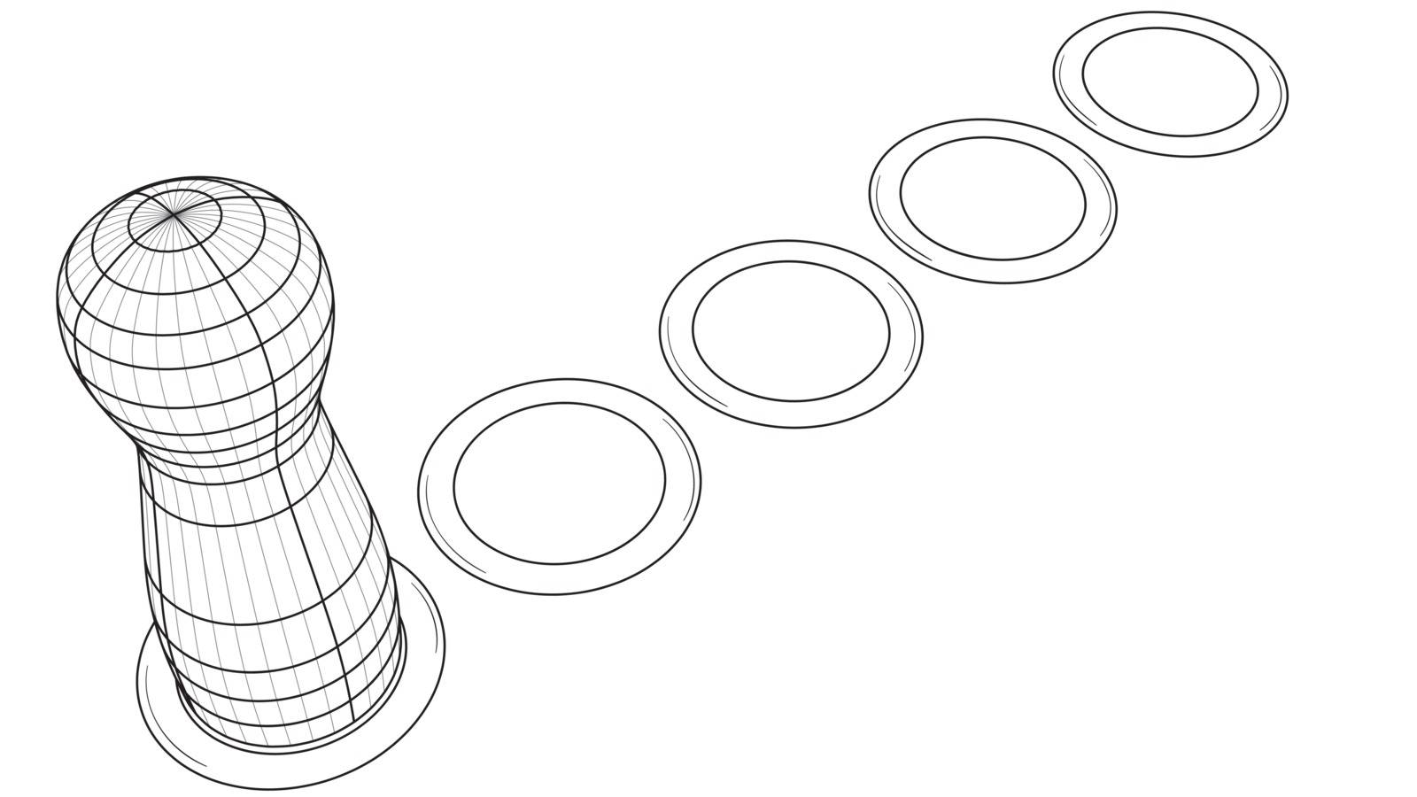 Game figure on board with path of dots. Black outline illustration on white background. Sketch.