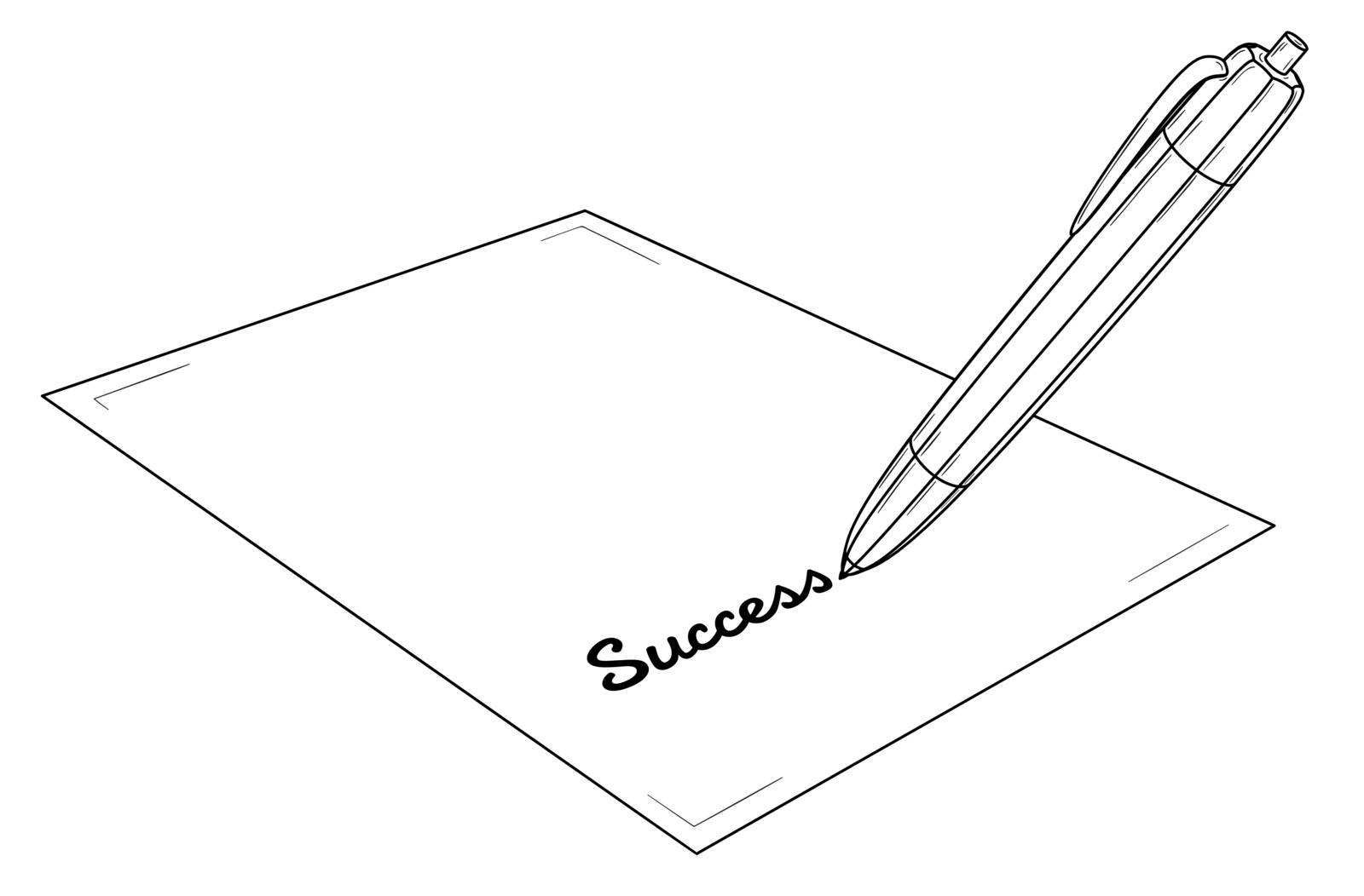 Pen writing on paper word Success. Black outline illustration on white background. Sketch.