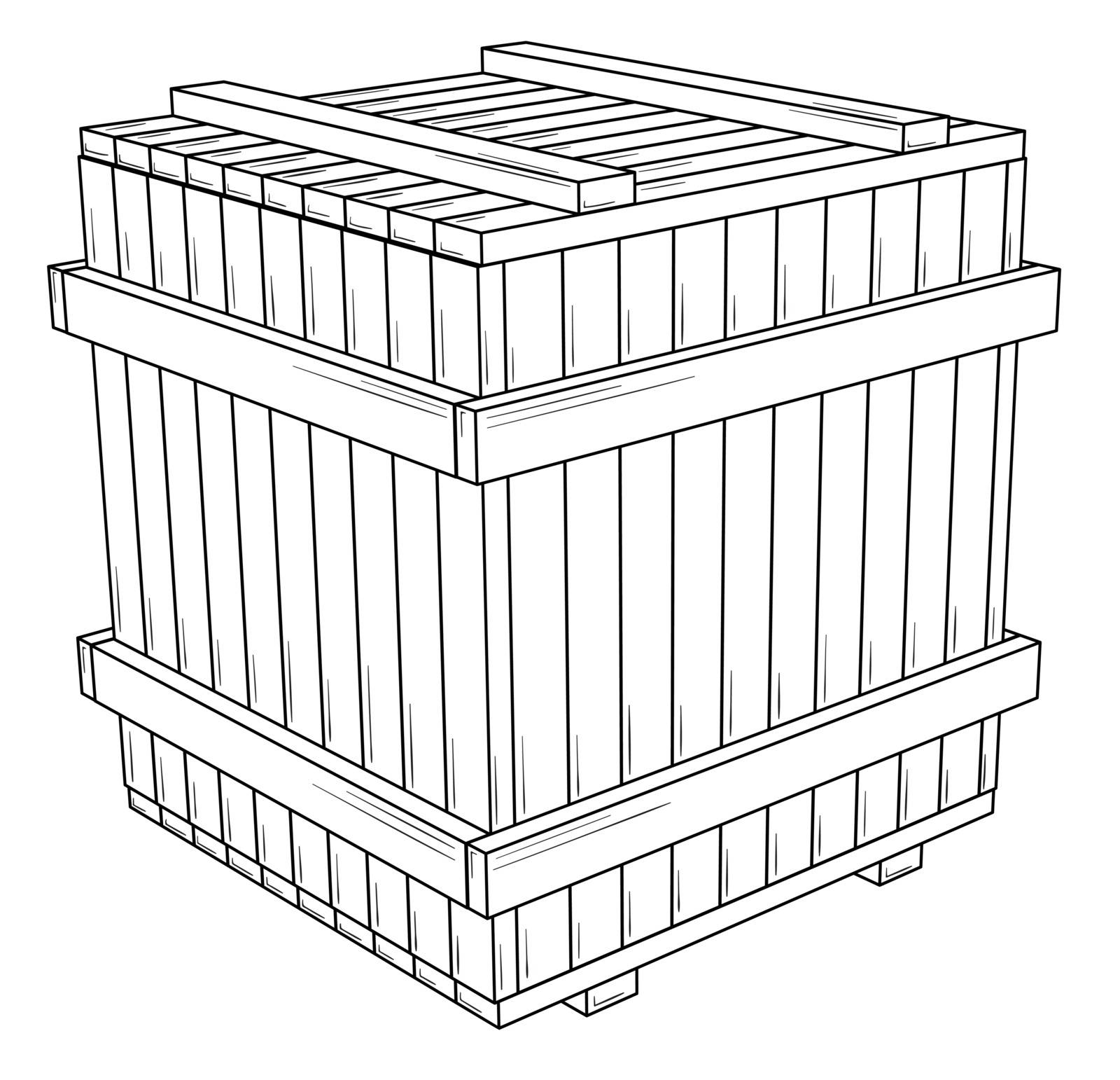 Closed wooden box as a protection of fragile goods during transport. Black outline illustration on white background. Sketch.