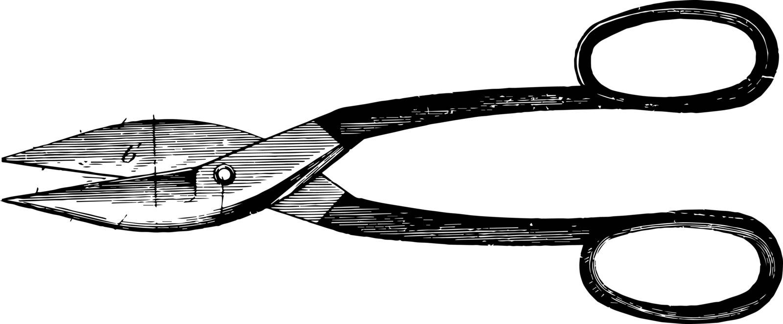 This illustration represents a Pair of Scissors which consist of a pair of metal blades vintage line drawing or engraving illustration.