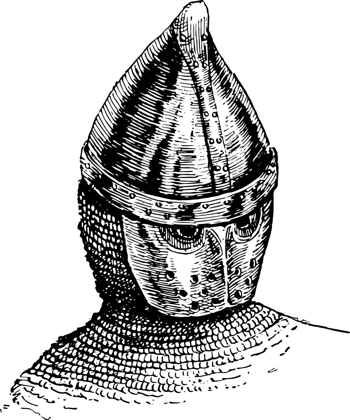 Mask of Steel was an illustration of a 13th century vintage line drawing or engraving illustration.