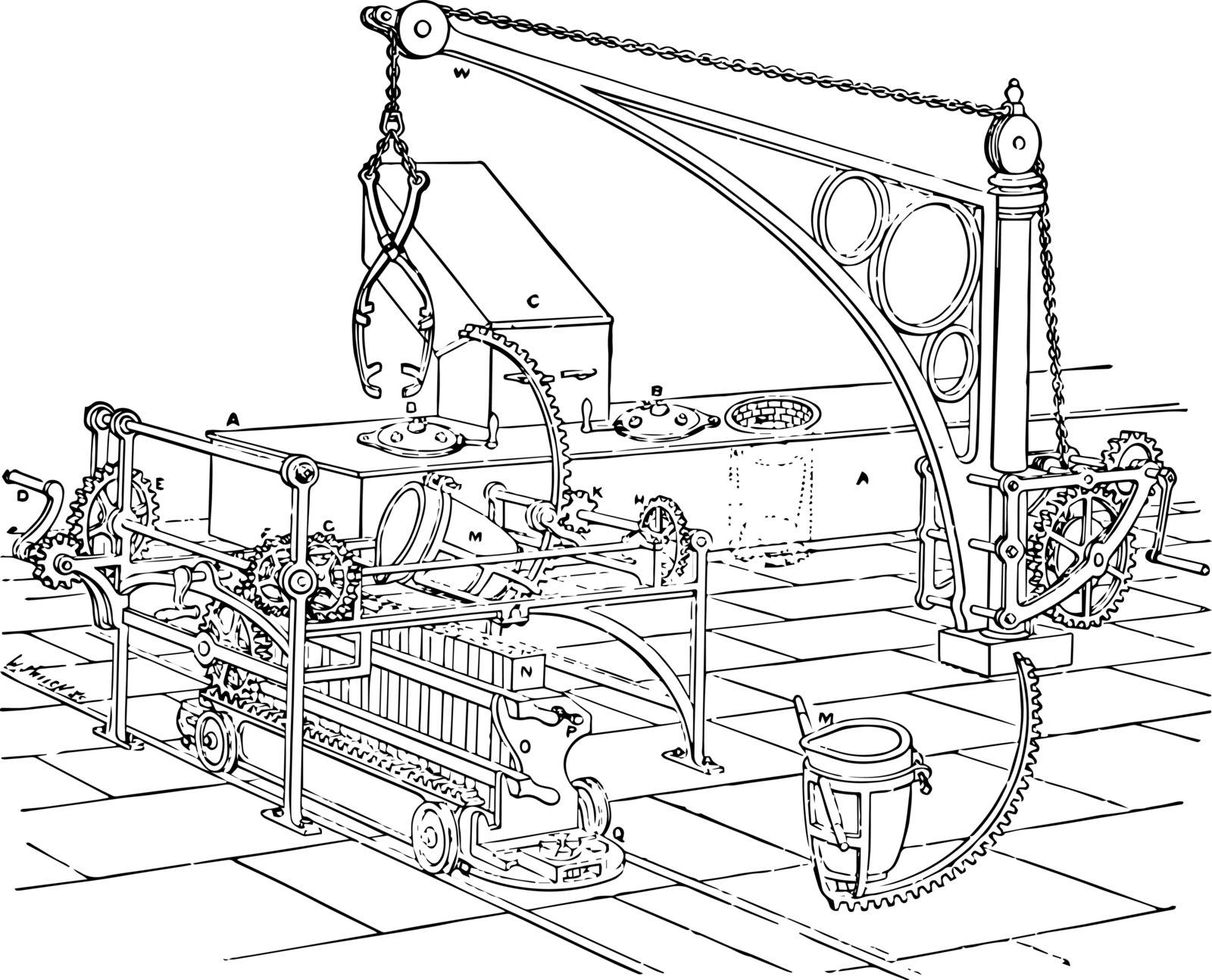 This illustration represents Furnace Apparatus for Minting where the metal is first melted in the crucible in flue vintage line drawing or engraving illustration.