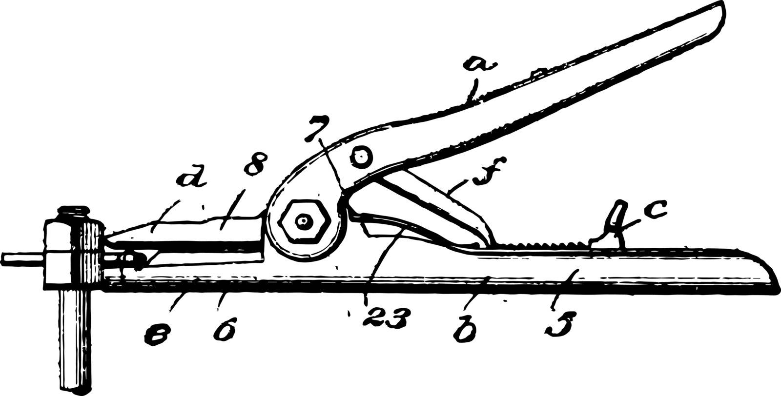 This illustration represents Pin Removal Tool which a tool having a wedge shaped head vintage line drawing or engraving illustration.