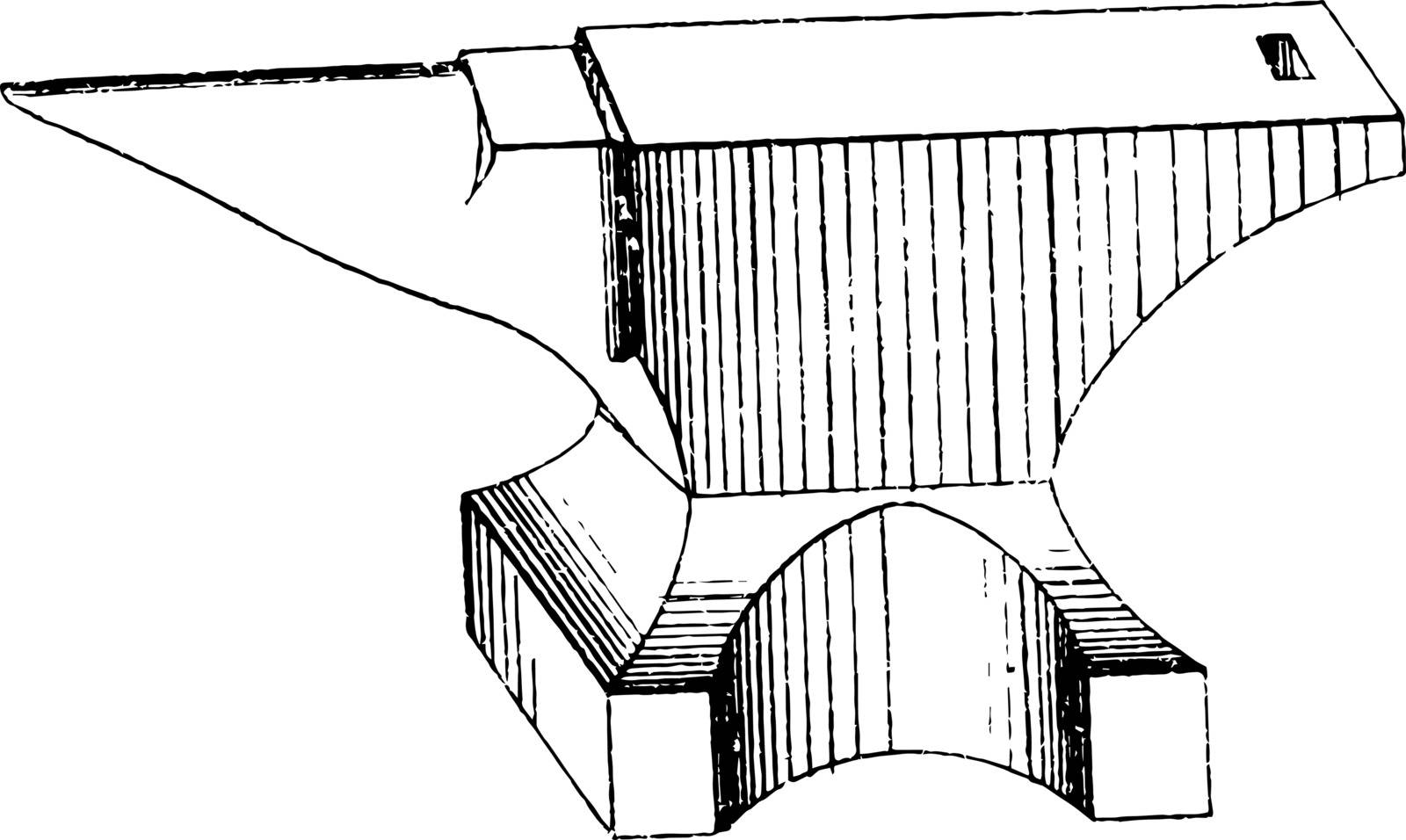 This illustration represents Anvil Tool which is a basic tool in the simplest terms it is a block with a hard surface vintage line drawing or engraving illustration.