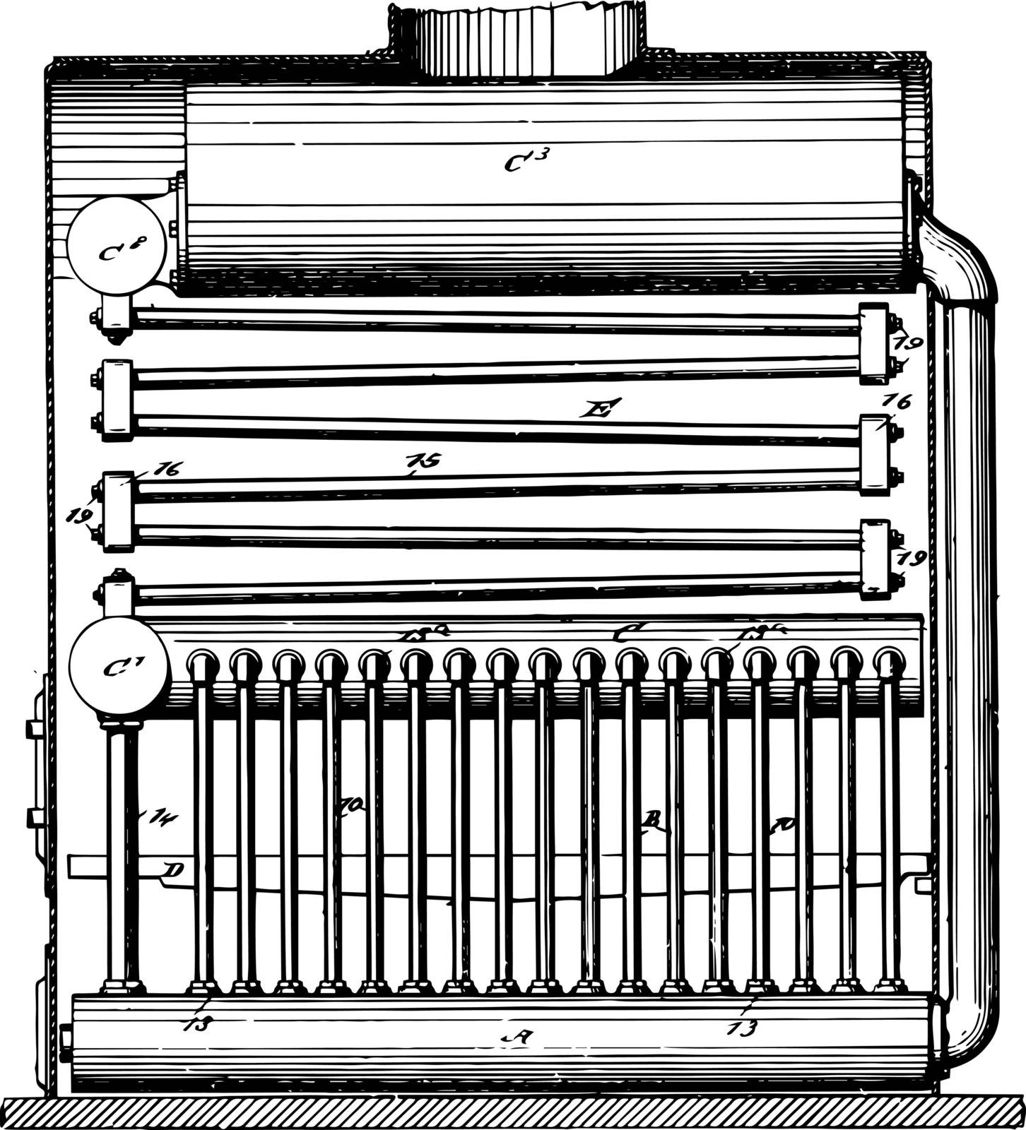 This illustration represents a boiler is a closed vessel in which water or other fluid is heated vintage line drawing or engraving illustration.