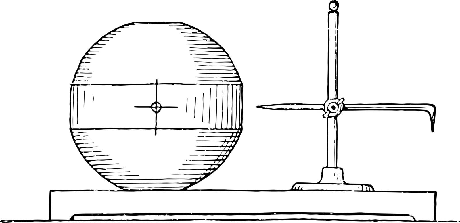 This illustration represents Metal Centrifugal Governor Ball Height Gage which is used to guide the machinists to create the balls in a lathe, vintage line drawing or engraving illustration.