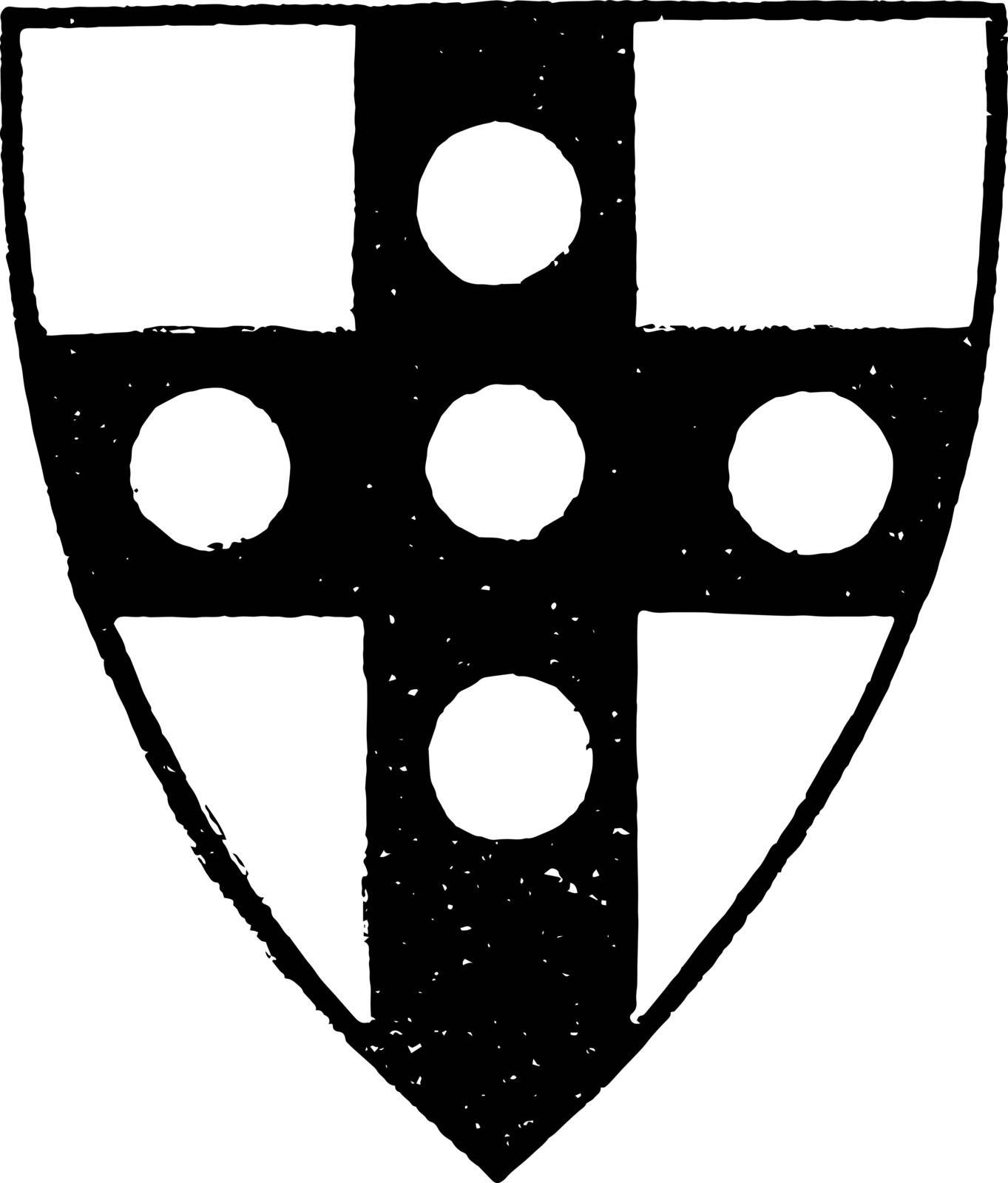 Shield with Roundels is an example of a heraldic shield with roundels vintage line drawing or engraving illustration.