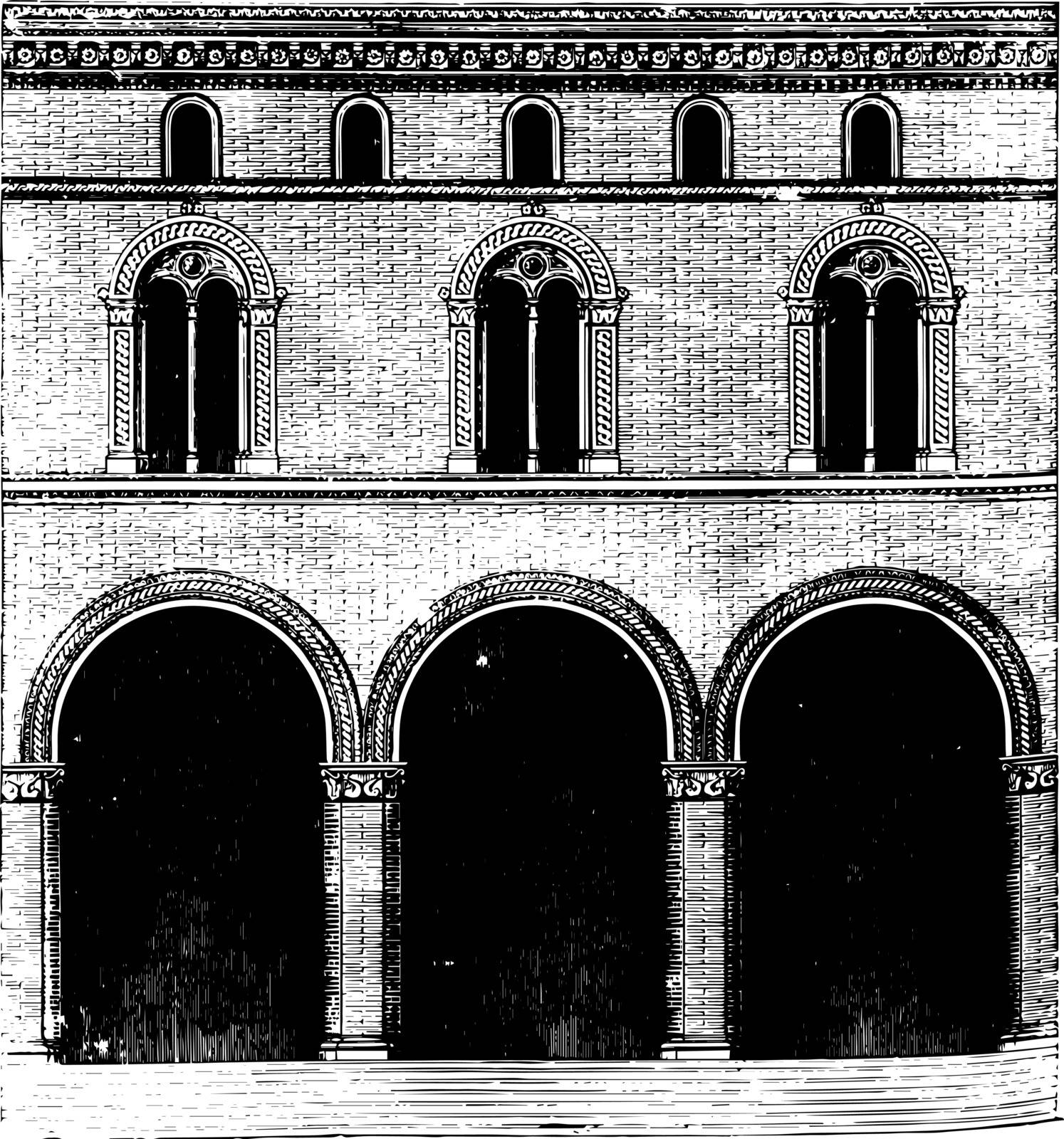 Façade of a Palace at Bologna the rarity and expensiveness of free to stone an architectural style in brick employed in the foregoing period for churches vintage line drawing or engraving illustration.