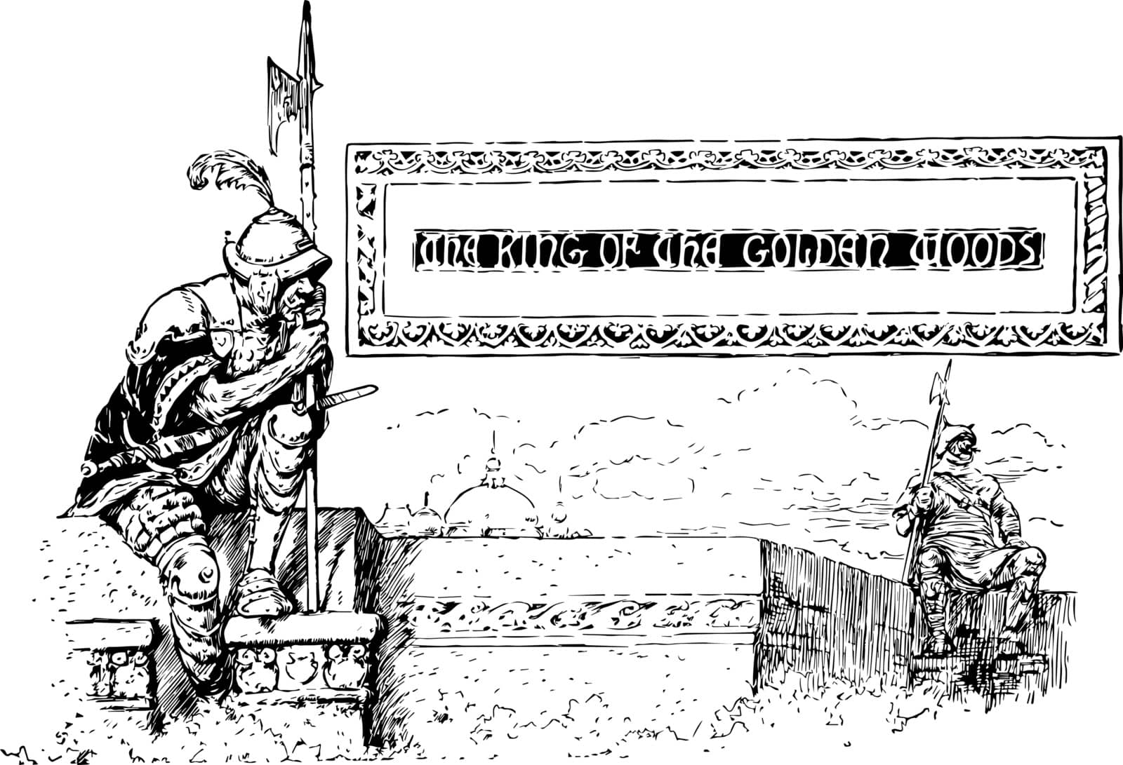 Guard Sitting Looking Over Ledge Pictorial Banner, it have two man, vintage line drawing or engraving illustration.