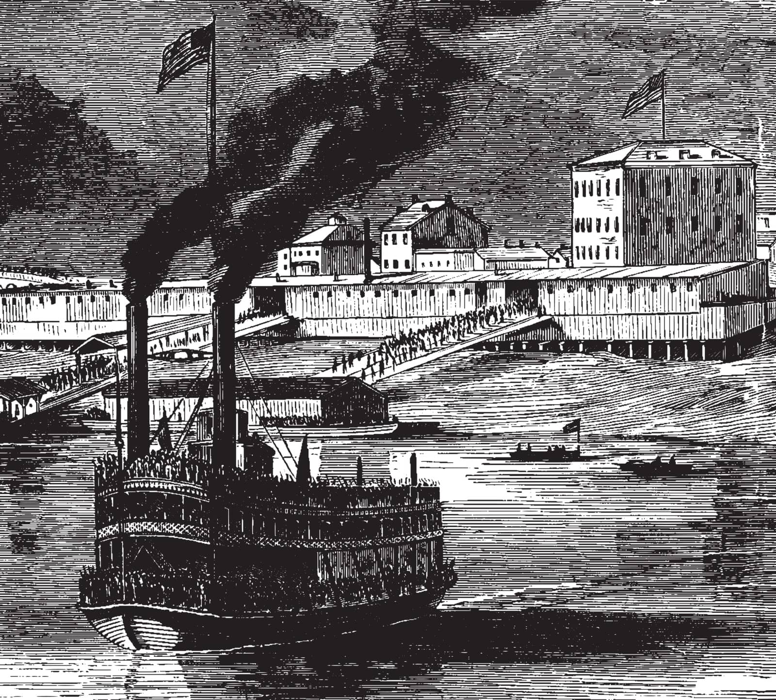 Bellaire is a town situated on the Ohio River and three miles below Wheeling, vintage line drawing or engraving illustration.