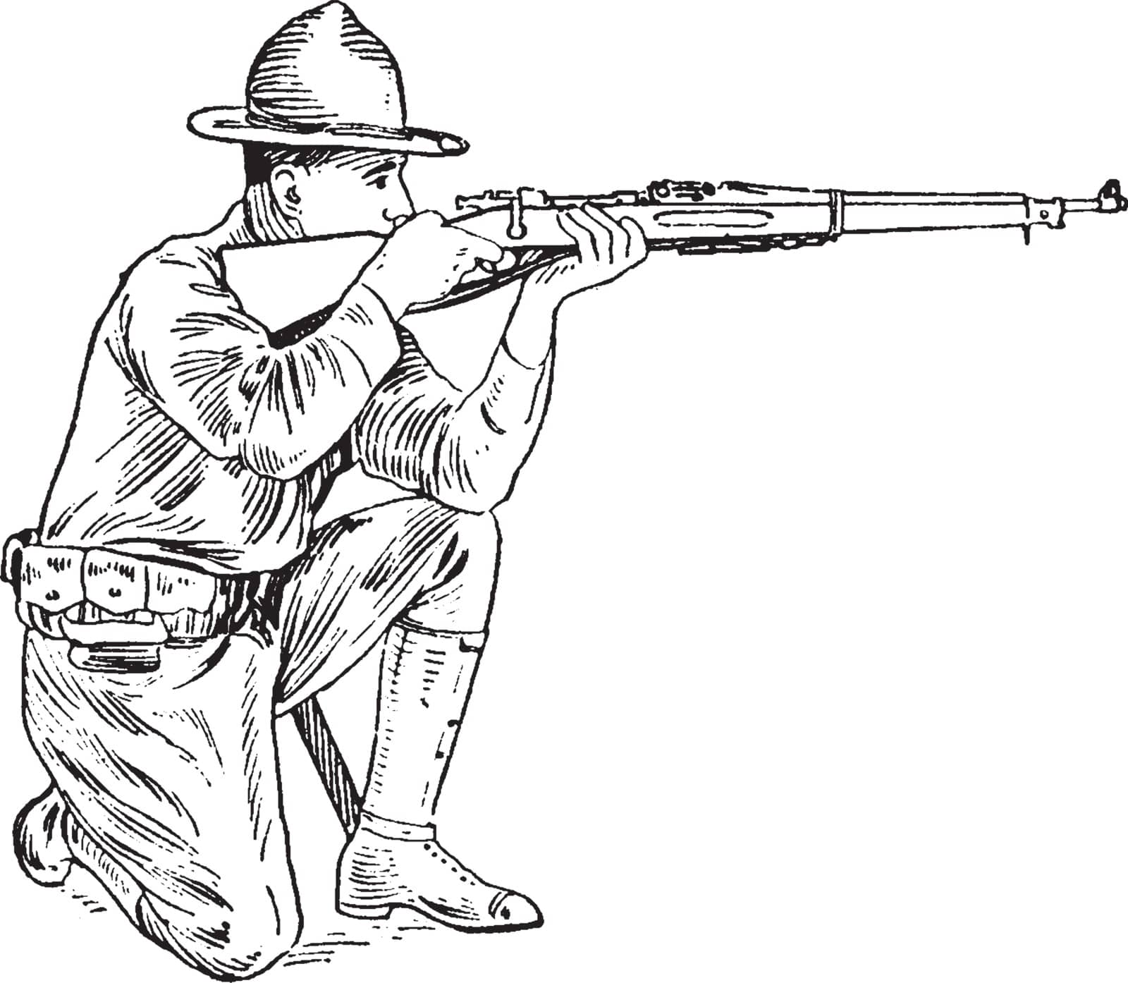 A soldier with rifle sitting on knees and looking through the notch of the rear sight so as to perceive the object aimed at it, vintage line drawing or engraving illustration