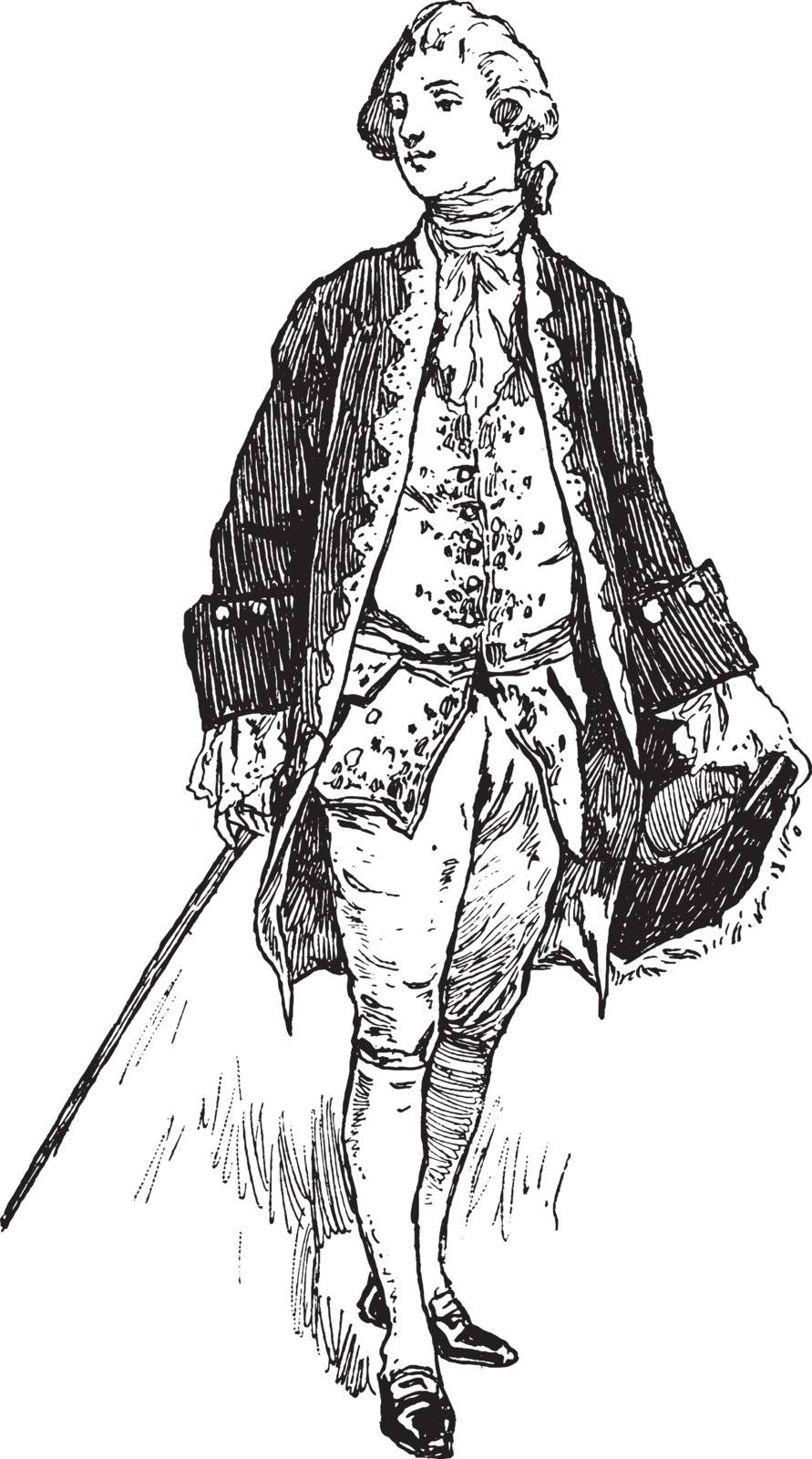 Gentleman Costume during Queen Anne Reign where a man during Queen Anne reign wore, vintage line drawing or engraving illustration.