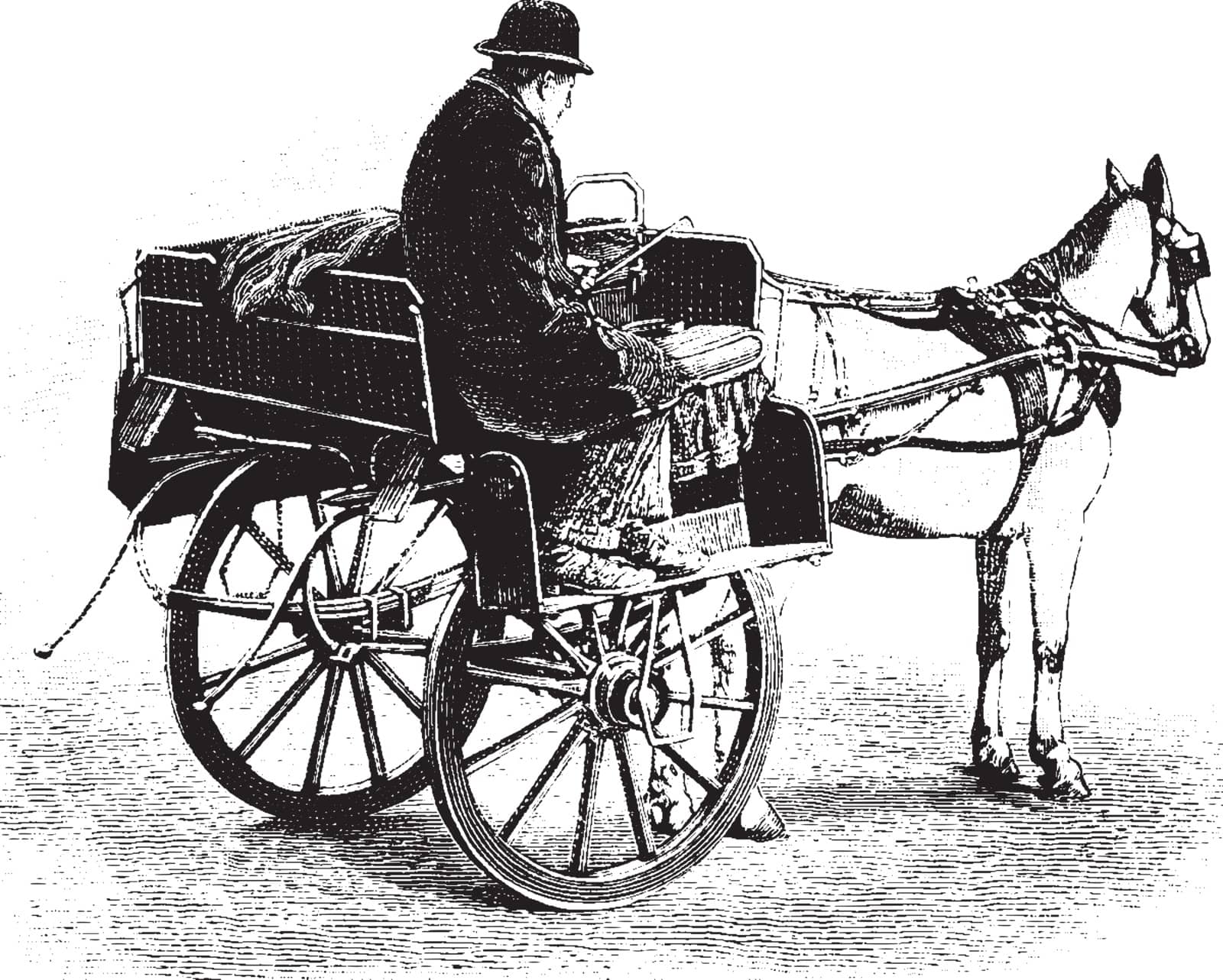 Jaunting car in which each is a two wheeled affair with seats high up over the wheels and steps below on which our feet rest, vintage line drawing or engraving illustration.