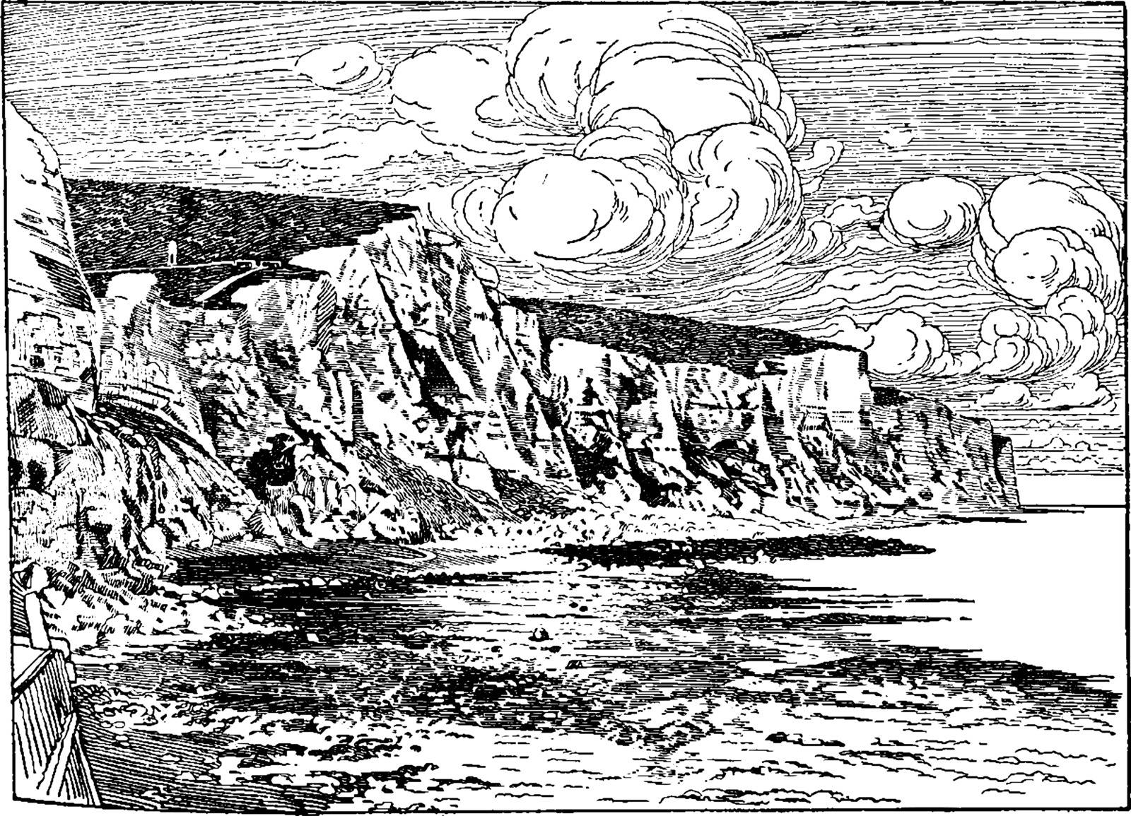 The Cliffs of Dover have served as a symbolic guard against any attacks and threats coming in from Continental Europe, vintage line drawing or engraving illustration.