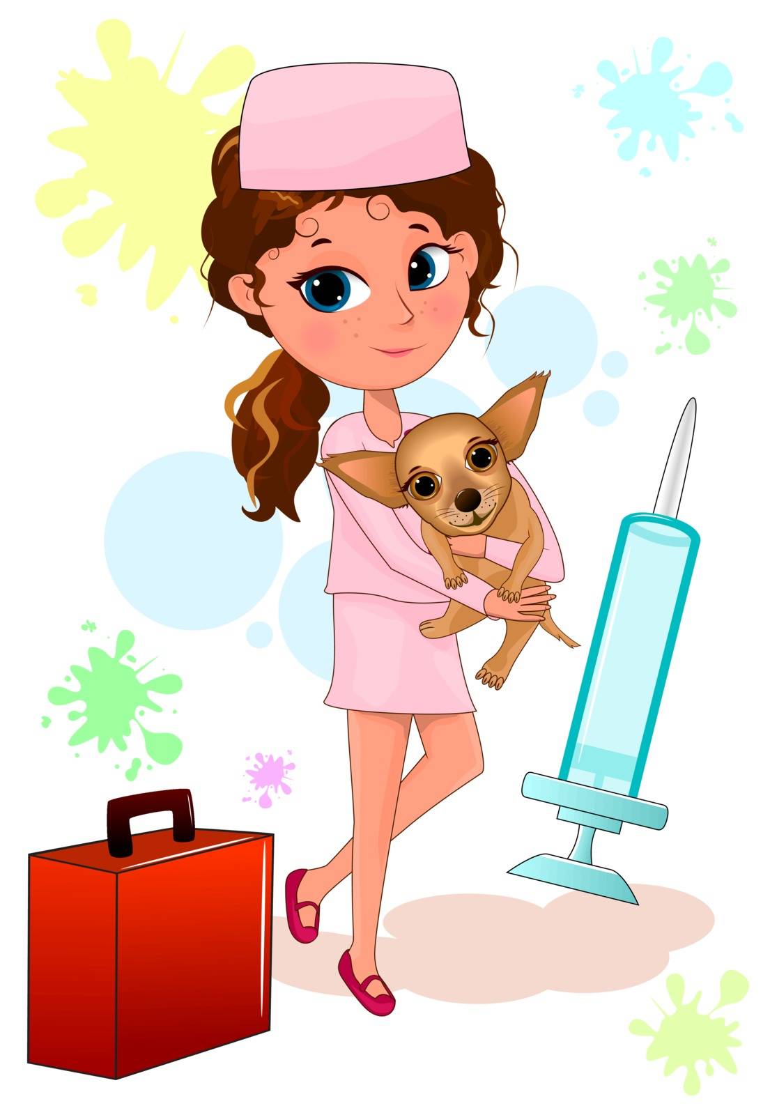 Cartoon little girl in the form of a nurse. Girl holding a dog in her arms.