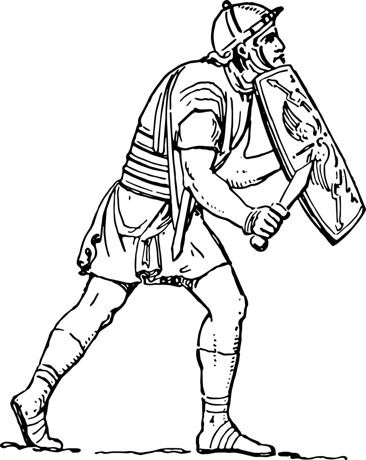This is the image of the soldier. There are some weapons in the soldier's hand. This is the Roman soldier on foot during the conquest of Italy, vintage line drawing or engraving illustration.