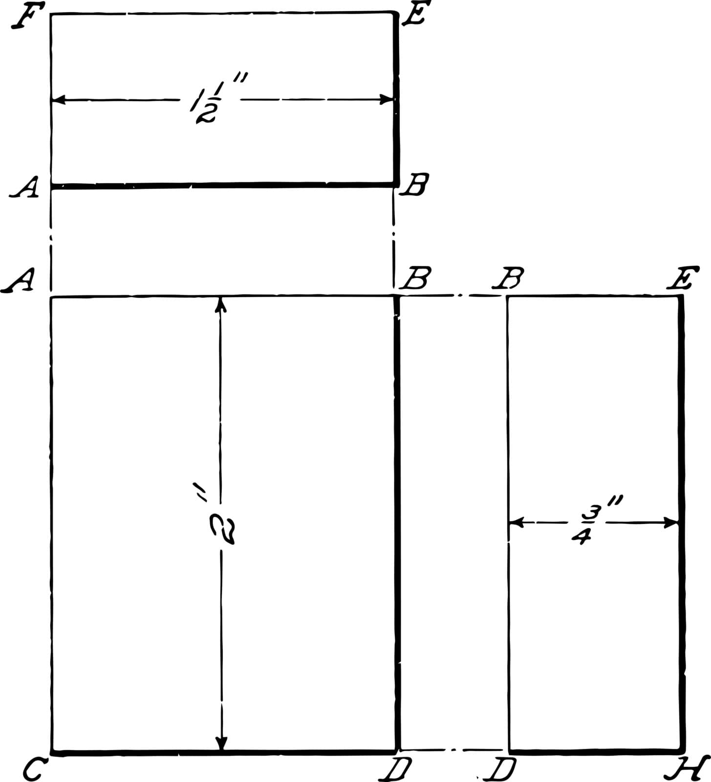 The image shows the projection of a rectangular prism that is represented as standing on one of its small ends, with the wide side facing the observer, vintage line drawing or engraving illustration.