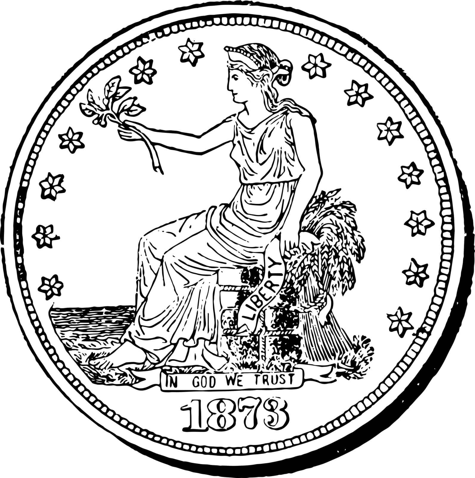 Silver Trade Dollar Coin is trade dollar from United States. Obverse At the base of her seat is inscribed IN GOD WE TRUST. Reverse shows an eagle, vintage line drawing or engraving illustration.