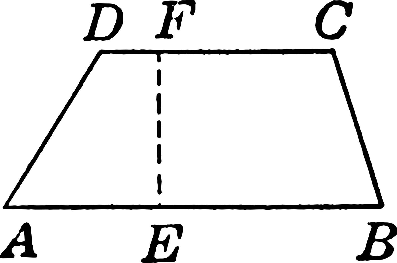 An image showing the ABCD trapezoid. Height labeled with EF dotted line. Quadrilateral that has two and only two parallel sides, vintage line drawing or engraving illustration.
