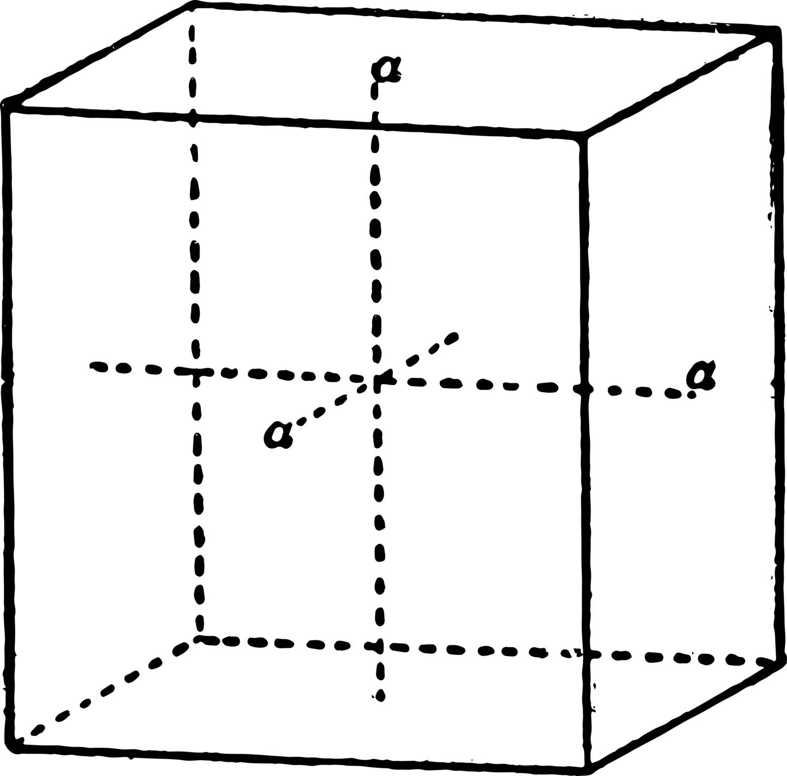 The image shows the main shapes of the rectangular prism of the isometric system. Rectangular prism. It has the same cross section along a length, which makes it a prism, vintage line drawing or engraving illustration.