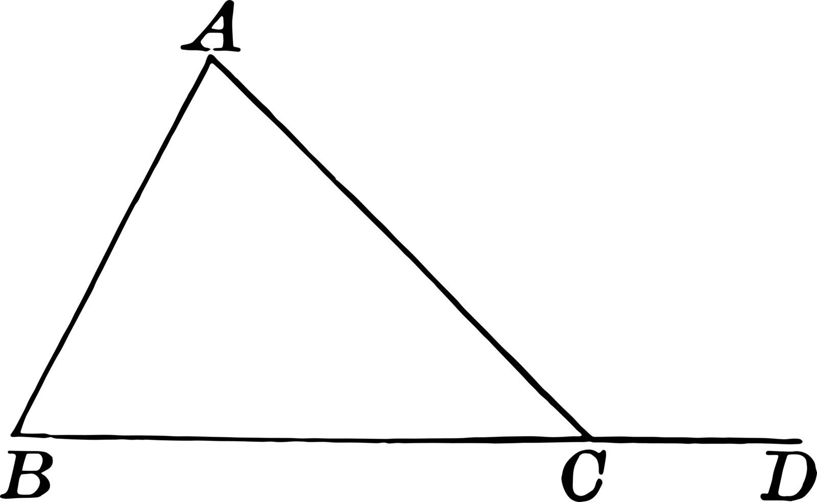 The image showing the triangle ABC with external angle ACD, vintage line drawing or engraving illustration.
