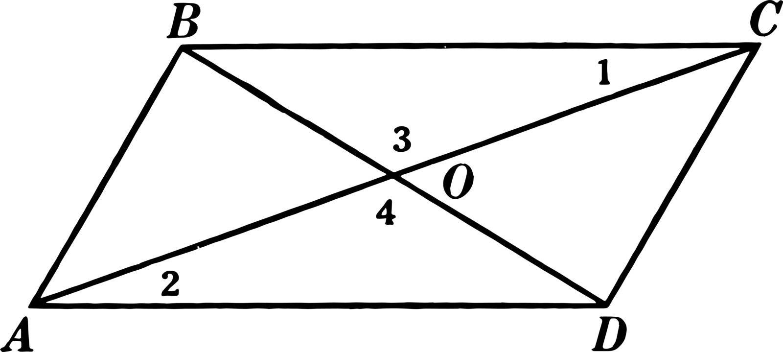 An image that shows a parallelogram. In this parallelogram two diagonals AC and BD are drawn, vintage line drawing or engraving illustration.