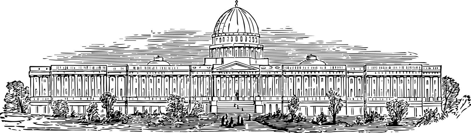 Capitol building covers 1.5 million square feet, 600 rooms and miles of corridors vintage line drawing.