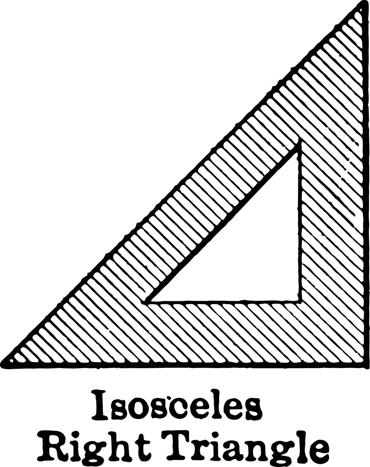 This is an image of isosceles right triangle. All angles of this triangle are the same, vintage line drawing or engraving illustration.