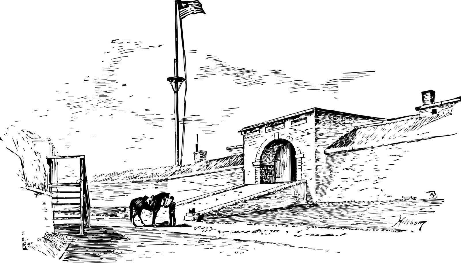 Fort McHenry Sallyport is a national monument and a historic Shrine, Maryland vintage line drawing.