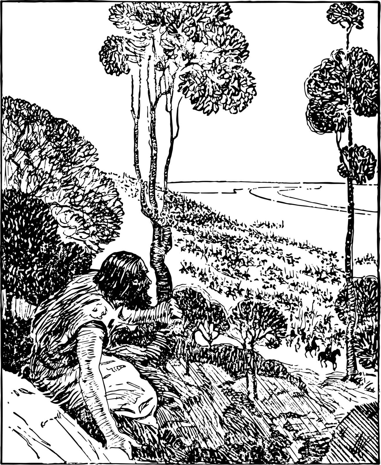 A person in the image is sitting at the base of the trees, and the battle is on the lower side, vintage line drawing or engraving illustration.