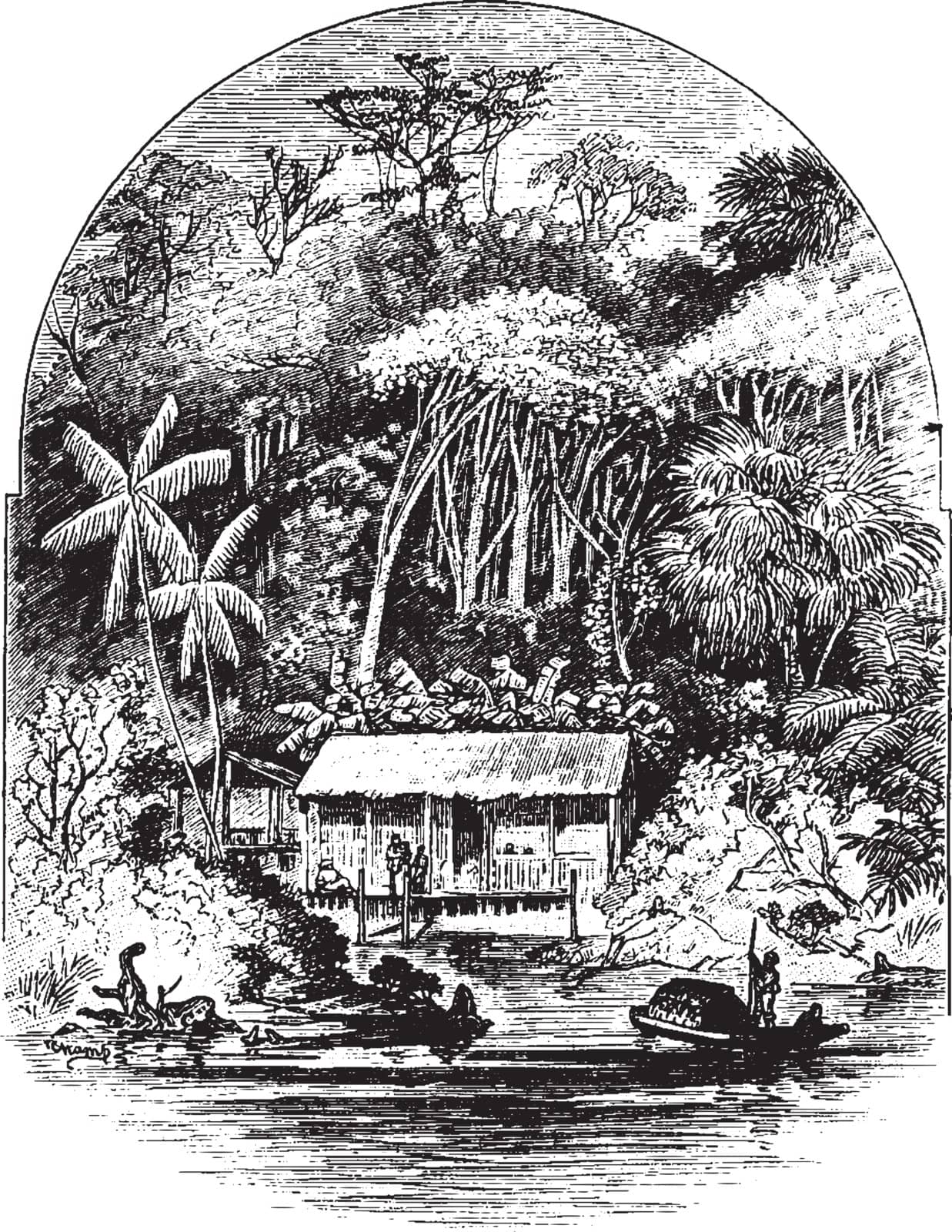 In this sketch one house is situated at the edge of the river along with Rubber tree. Some people are standing in front of the house, vintage line drawing or engraving illustration.
