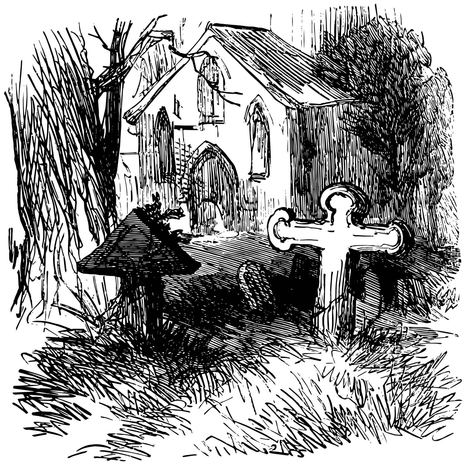 In this picture see a graveyard near small church, vintage line drawing or engraving illustration.
