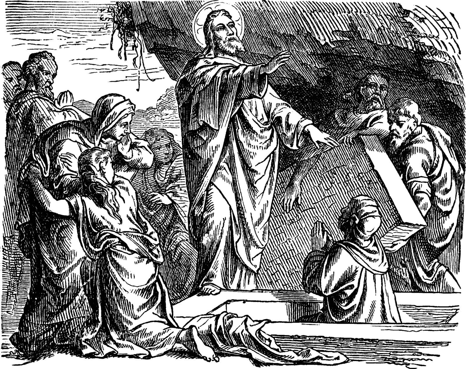 Mary, Kneels on Jesus' feet and listen to them. Jesus is sitting on a bench against the wall and a woman is working in a kitchen in the background, vintage line drawing or engraving illustration.
