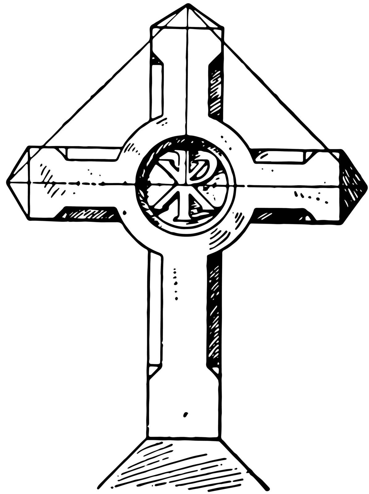 This is a photo of cross sign on which there are a few photos of the Lord Jesus. These photos are of that time when he was alive three days after his demise, vintage line drawing or engraving illustration.