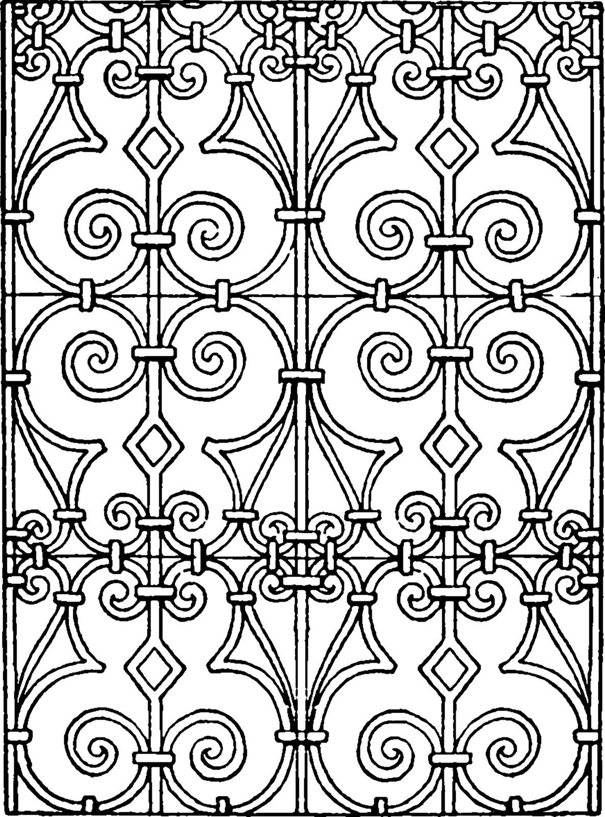 Italian Renaissance Pattern  is a repeating scroll-like ornament between parallel bars  and it is the pattern of the period beginning in the late 13th century, vintage line drawing or engraving illustration.