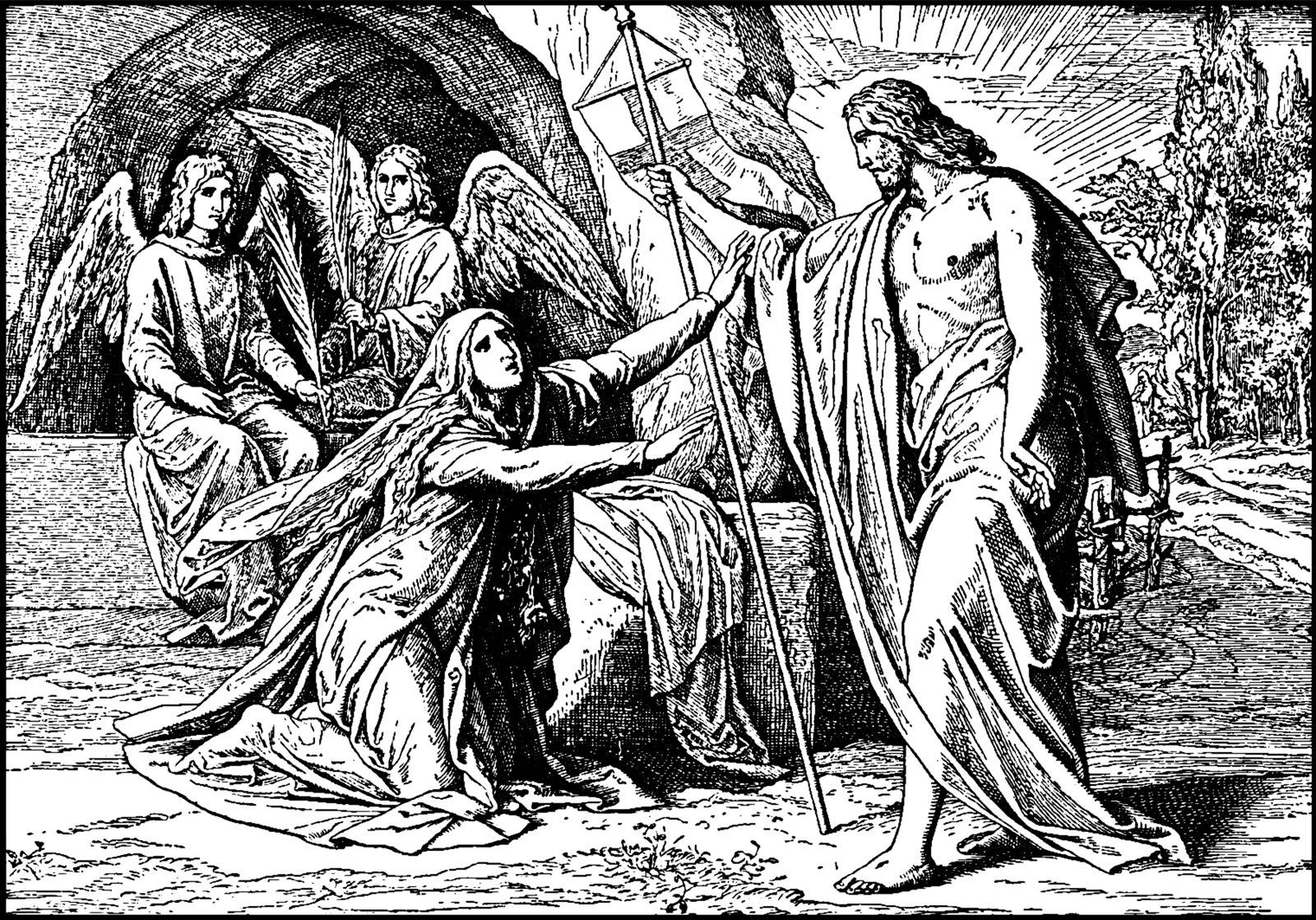 Jesus appears to Mary Magdalene after his resurrection, vintage line drawing or engraving illustration.