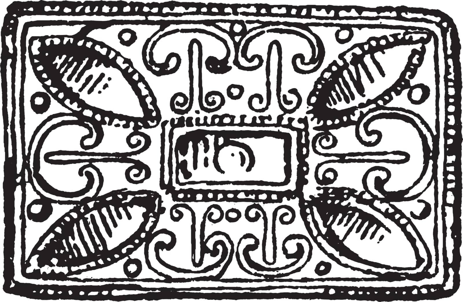 Buckle have a rectangular Anglo-Saxon, vintage line drawing or engraving illustration.