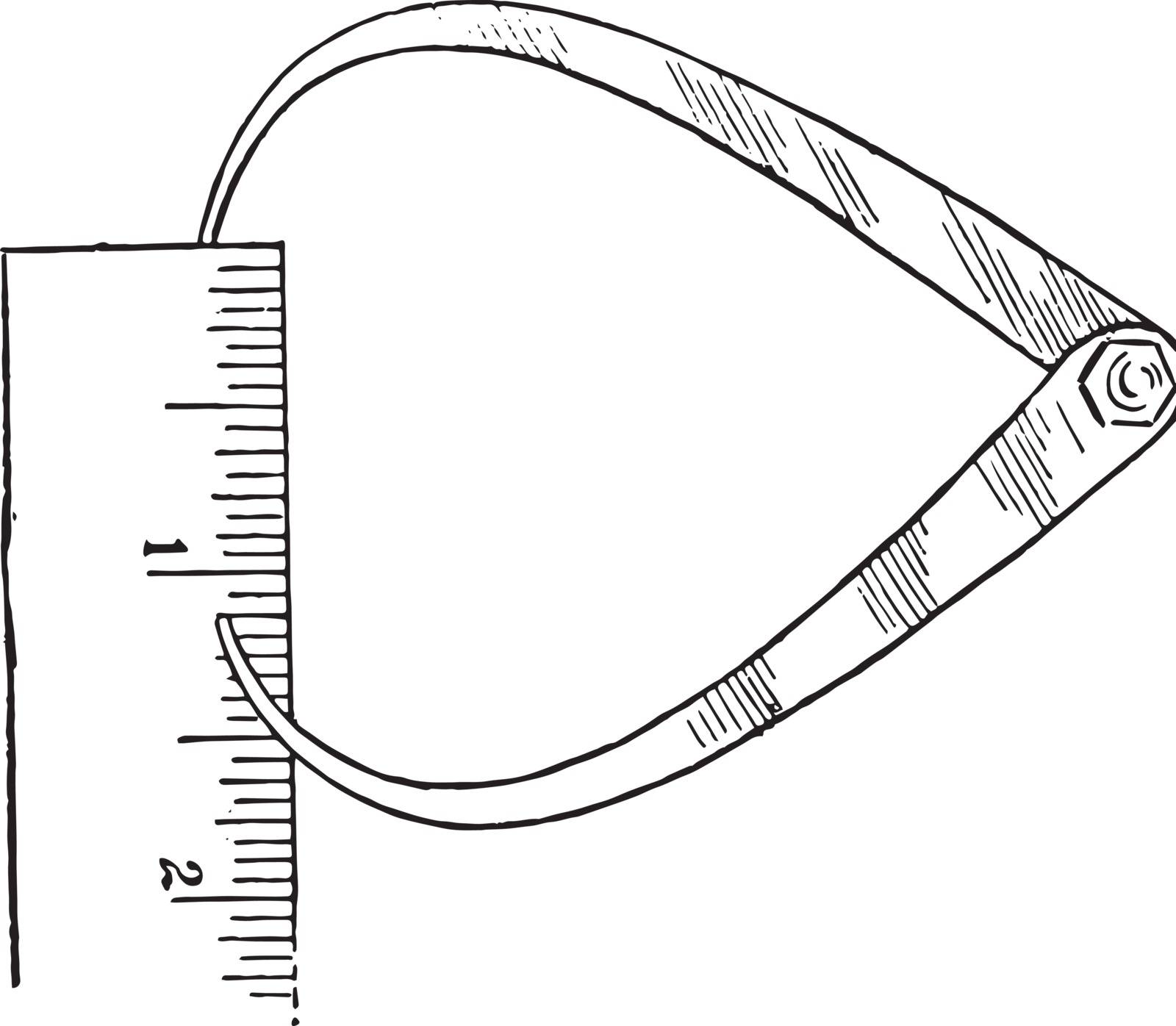 Reading the Outside Caliper are adjusted to fit across the points, tips with a measuring tool such as a ruler, vintage line drawing or engraving illustration.
