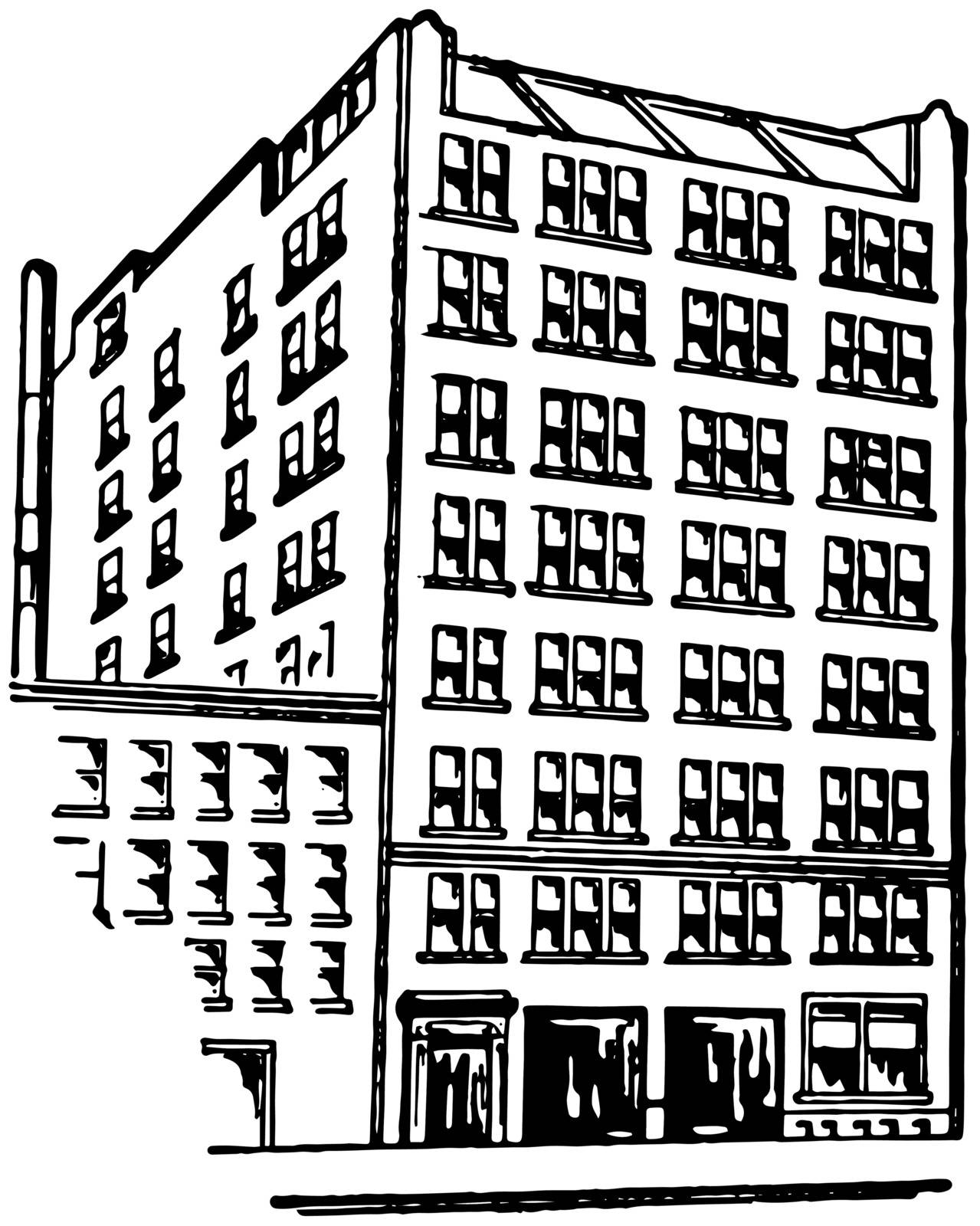 The image shows eight story Apartment building. It has 8 floors  consisted of several flats.  Apartments are very airy as these have several windows on the walls, vintage line drawing or engraving illustration.