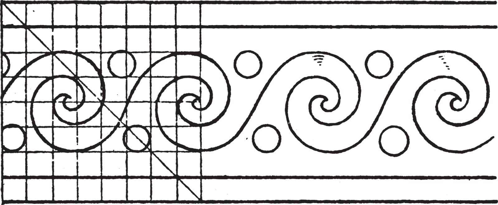 Evolute Spiral Paintings a rectangular pattern, it has a double line border, vintage line drawing or engraving.