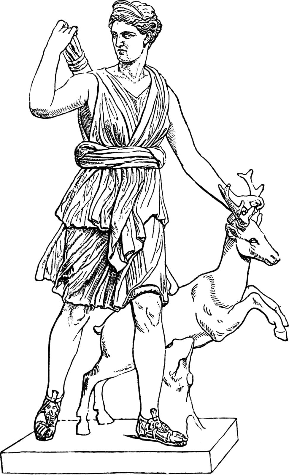 Portrait of Artemis, goddess of hunting holding a deer with one hand and her other hand is on arrows, vintage line drawing or engraving illustration.