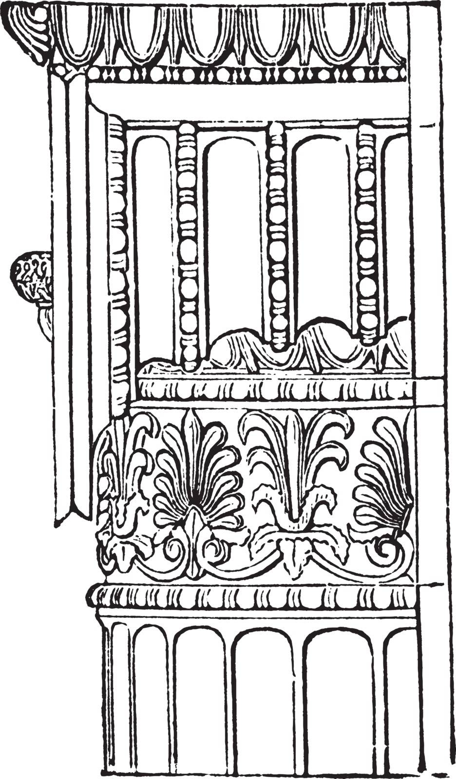 Ionic Angle Column from the Temple of Minerva Polias at Athens, Side, weight, massive, entablature, shaft, vintage line drawing or engraving illustration.