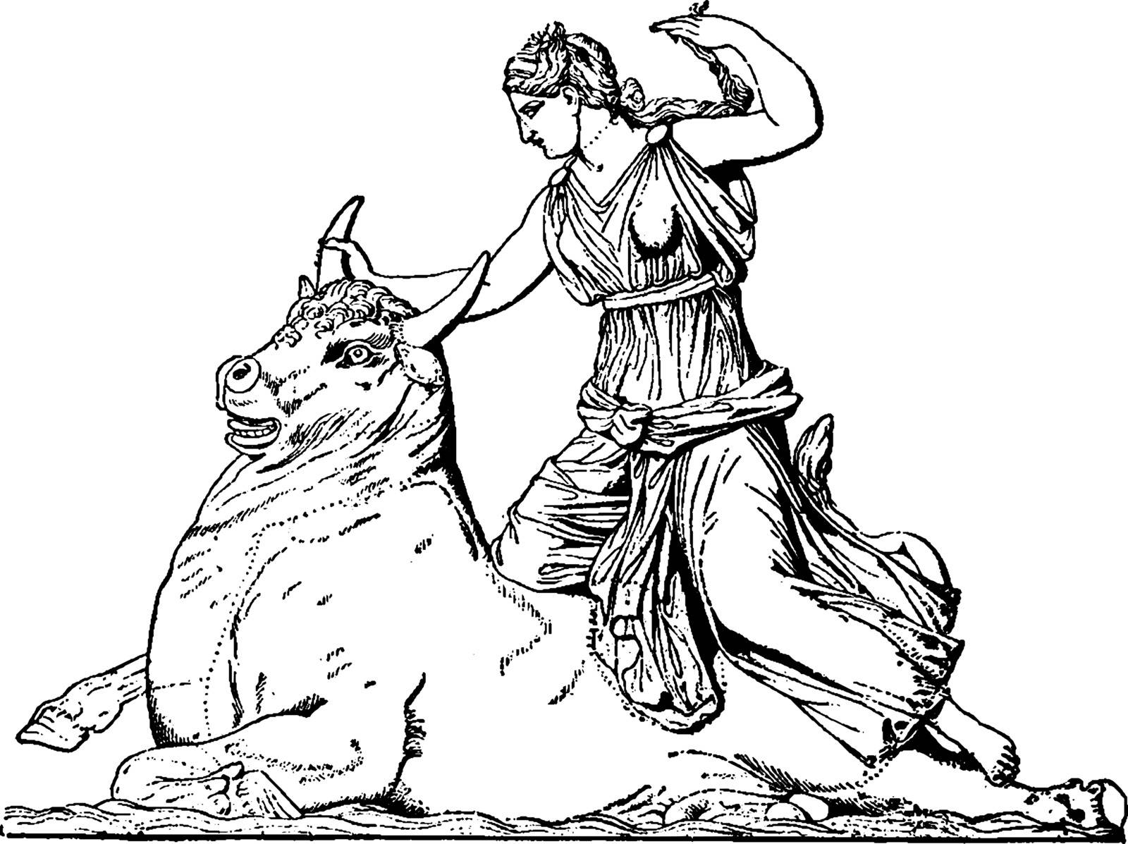 In this frame there are two statues of a bull and a woman. She is killing a bull, vintage line drawing or engraving illustration.